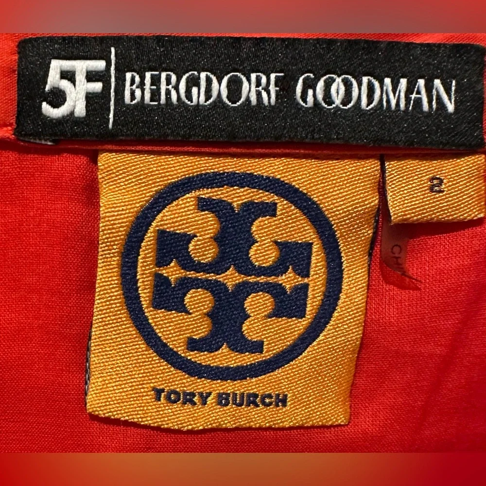 5F Bergdorf Tory Burch 3/4 Sleeve Red Poplin A-line Dress ZB15
